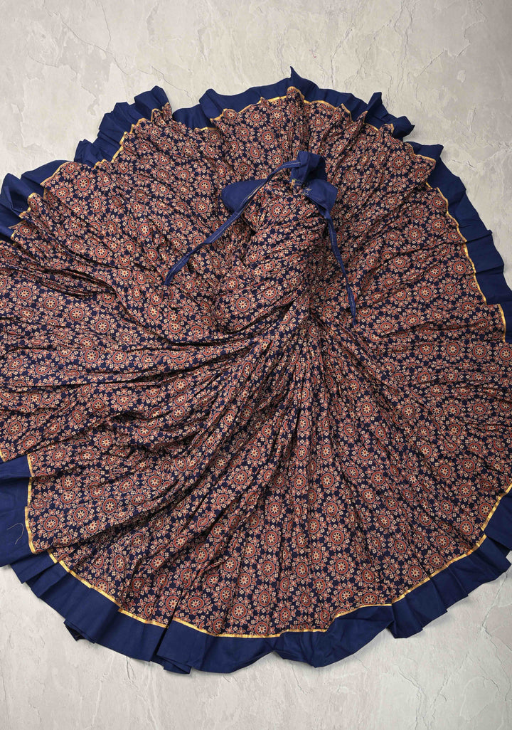 10.4 Mega Flare Kalidaar Navy Blue Cotton Skirt with Ajrakh Hand Block Print and Contrast Border, ready to ship