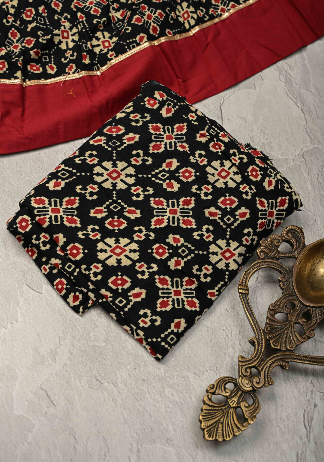 9.25 Mega Flare Kalidaar Black Cotton Skirt with Ajrakh Hand Block Print and Contrast Border, ready to ship