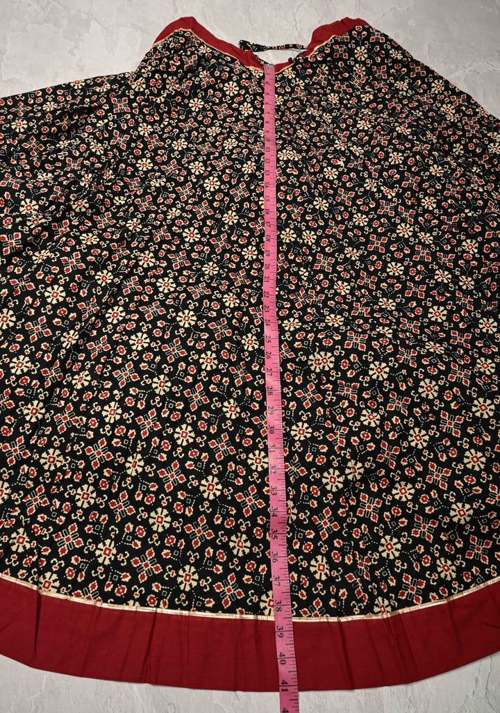 9.25 Mega Flare Kalidaar Black Cotton Skirt with Ajrakh Hand Block Print and Contrast Border, ready to ship