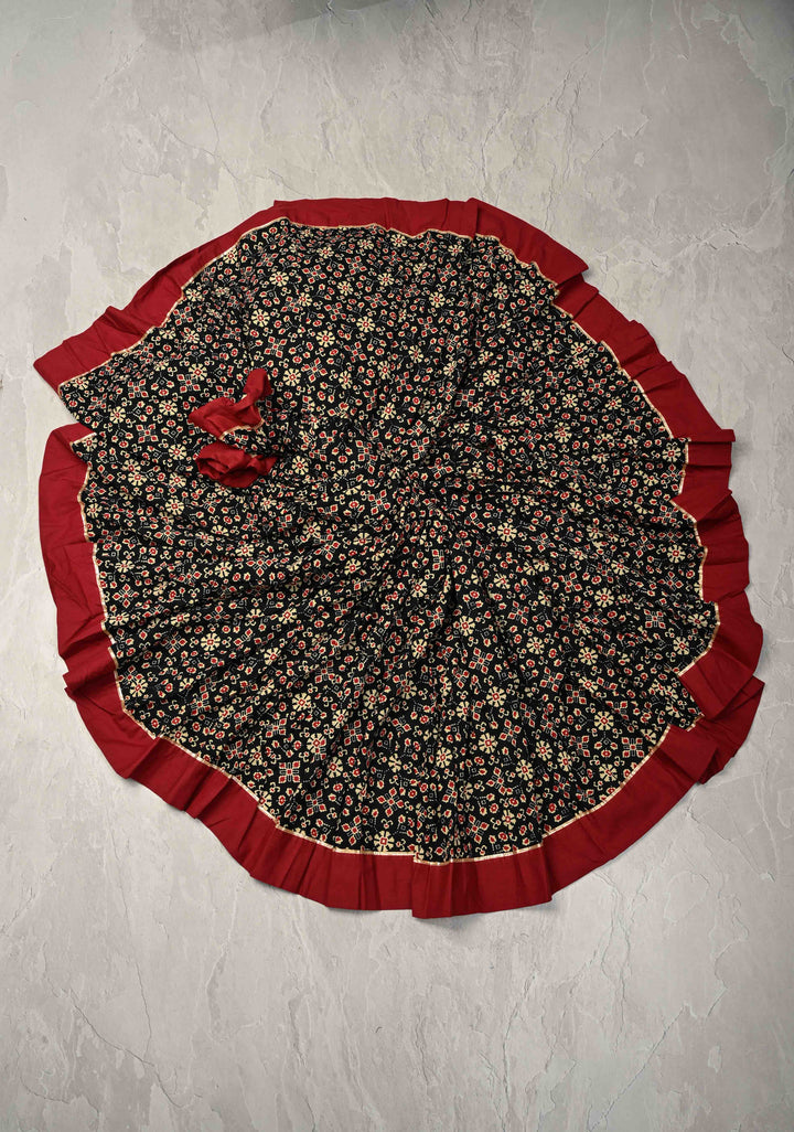 9.25 Mega Flare Kalidaar Black Cotton Skirt with Ajrakh Hand Block Print and Contrast Border, ready to ship