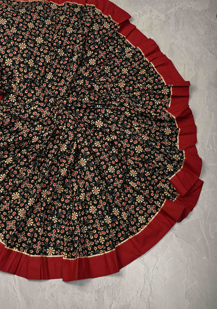 9.25 Mega Flare Kalidaar Black Cotton Skirt with Ajrakh Hand Block Print and Contrast Border, ready to ship