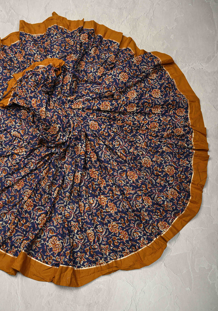Mega Flare Kalidaar Blue Cotton Skirt with Hand Block Print and Contrast Border , Ready to ship