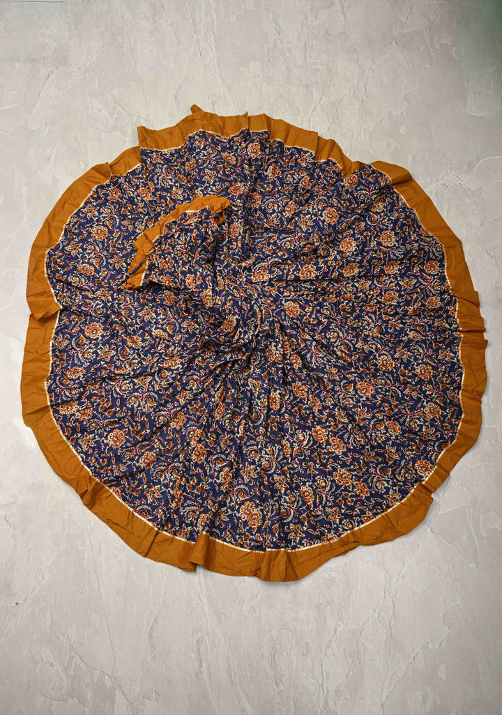 Mega Flare Kalidaar Blue Cotton Skirt with Hand Block Print and Contrast Border , Ready to ship