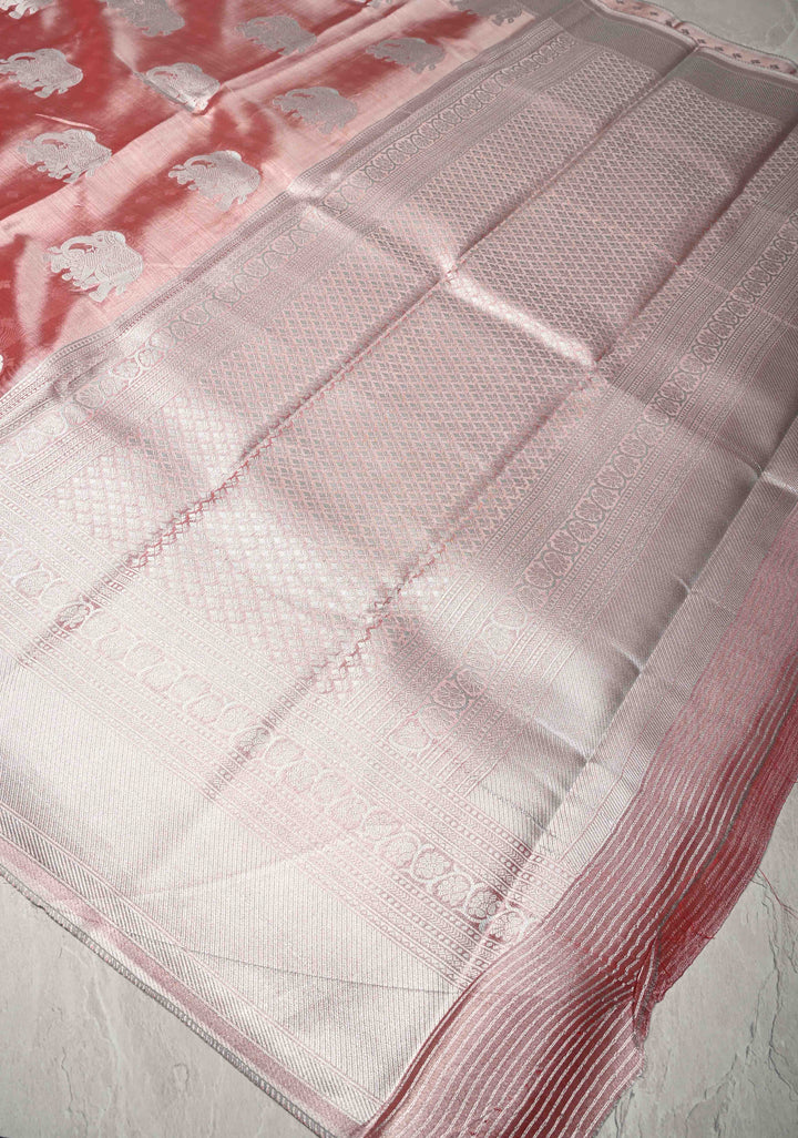 Dusty Rose Kanchi Tissue Semi Silk Saree with Silver Elephant Buttas with and Silver Zari Border