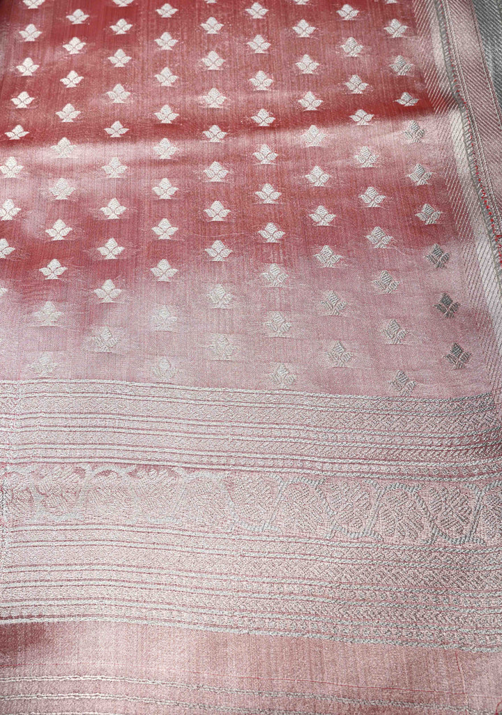 Dusty Rose Kanchi Tissue Semi Silk Saree with Silver Elephant Buttas with and Silver Zari Border