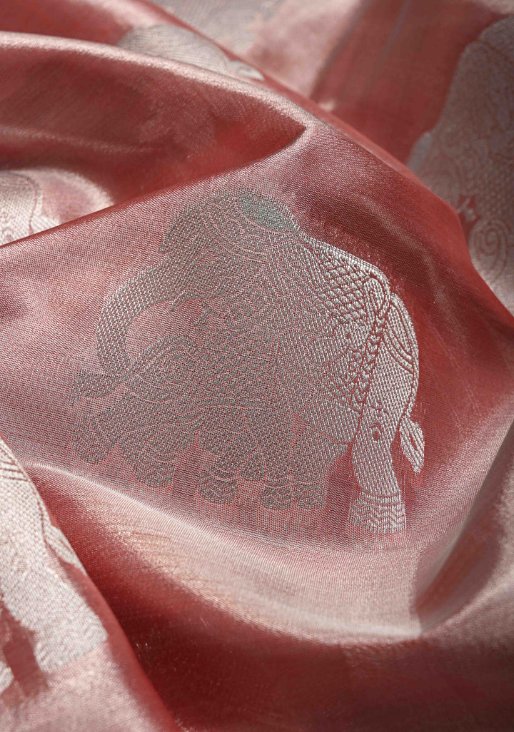 Dusty Rose Kanchi Tissue Semi Silk Saree with Silver Elephant Buttas with and Silver Zari Border