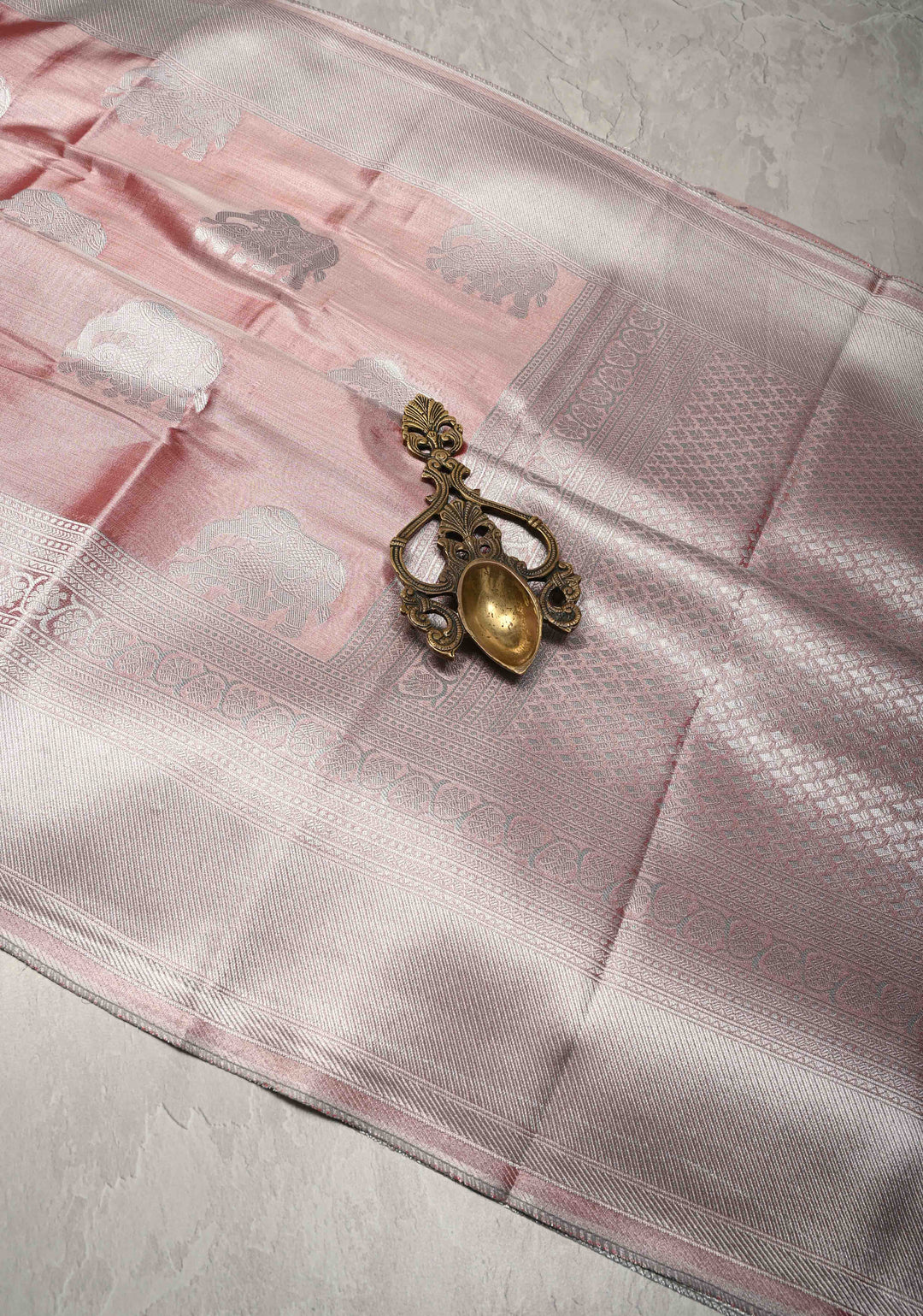 Dusty Rose Kanchi Tissue Semi Silk Saree with Silver Elephant Buttas with and Silver Zari Border