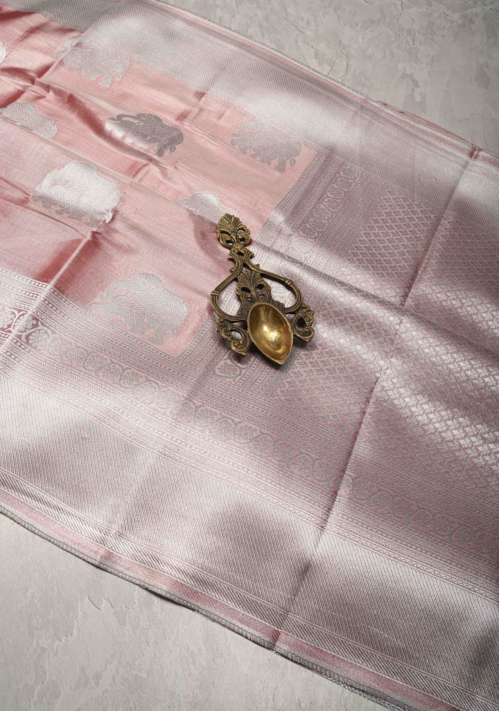 Dusty Rose Kanchi Tissue Semi Silk Saree with Silver Elephant Buttas with and Silver Zari Border