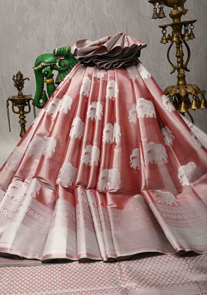 Dusty Rose Kanchi Tissue Semi Silk Saree with Silver Elephant Buttas with and Silver Zari Border