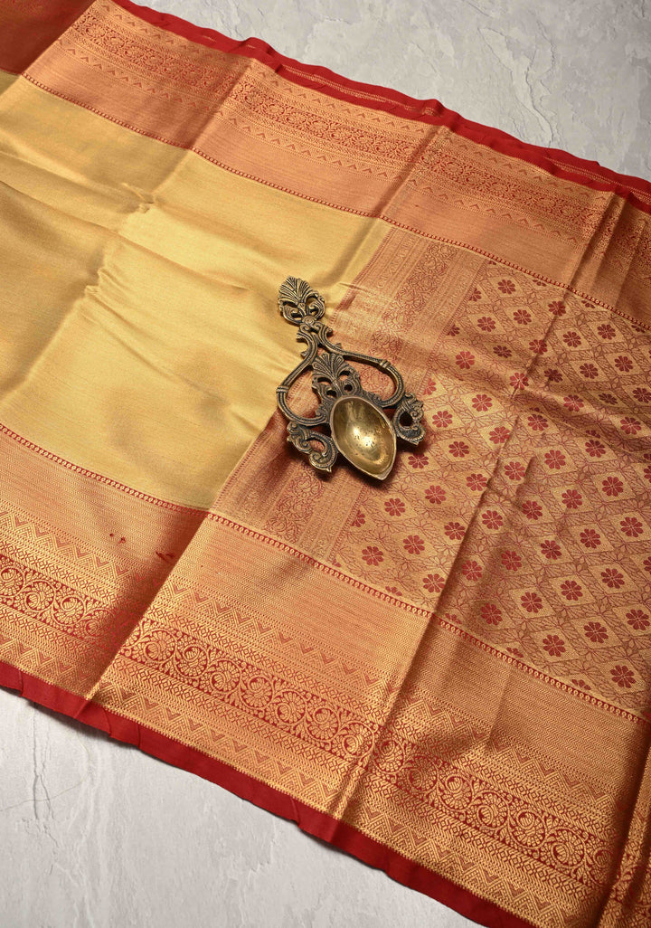 Gold Kanchi Tissue Semi Silk Saree with Contrast Zari Border