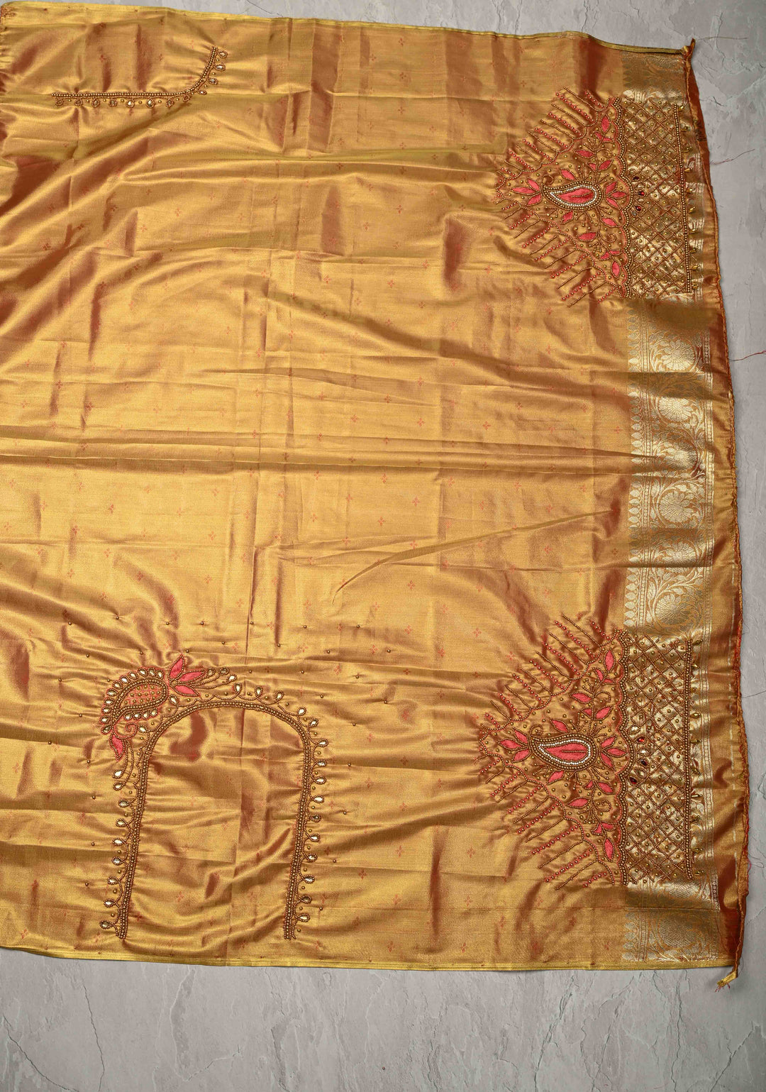 Gold Dual Tone Kanchi Tissue Semi Silk Saree with Floral Buttas with and Zari Border