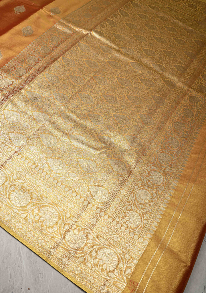 Gold Dual Tone Kanchi Tissue Semi Silk Saree with Floral Buttas with and Zari Border