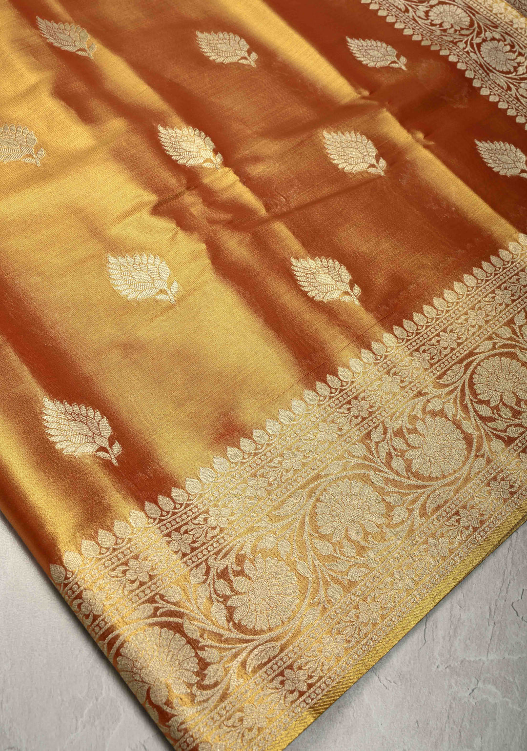 Gold Dual Tone Kanchi Tissue Semi Silk Saree with Floral Buttas with and Zari Border