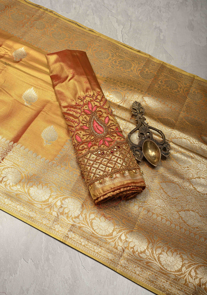 Gold Dual Tone Kanchi Tissue Semi Silk Saree with Floral Buttas with and Zari Border