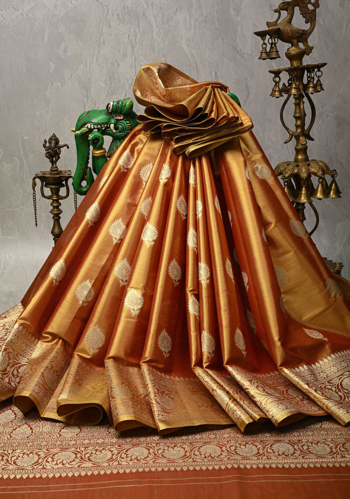 Gold Dual Tone Kanchi Tissue Semi Silk Saree with Floral Buttas with and Zari Border