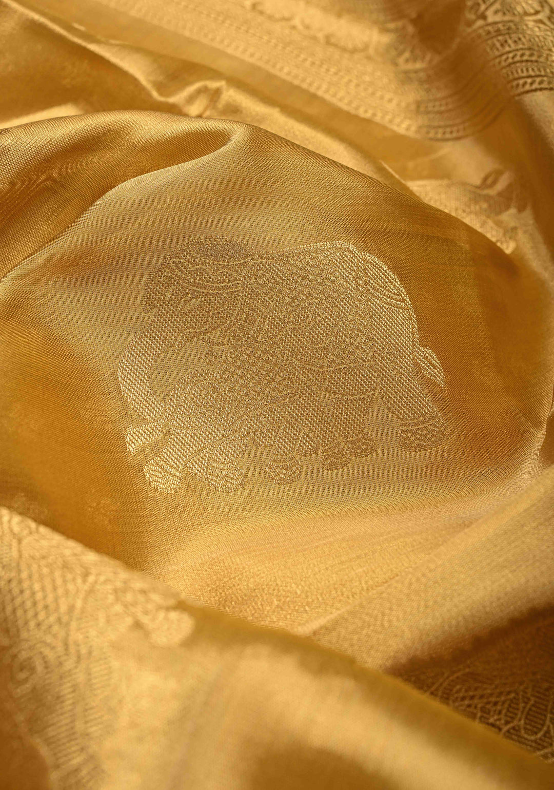 Gold Kanchi Tissue Semi Silk Saree with Elephant Buttas with and Zari Border