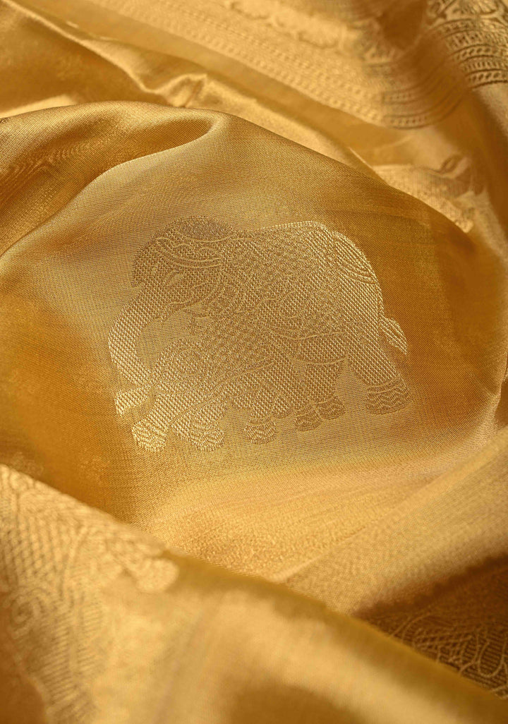 Gold Kanchi Tissue Semi Silk Saree with Elephant Buttas with and Zari Border