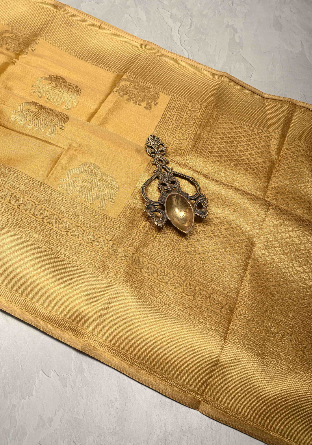 Gold Kanchi Tissue Semi Silk Saree with Elephant Buttas with and Zari Border