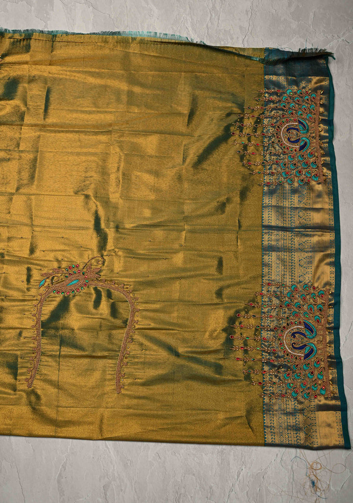 Dusty Orange Dual Tone Kanchi Tissue Semi Silk Saree with Peacock Buttas and Contrast Zari Border