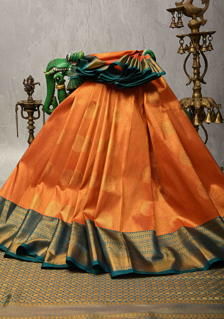 Dusty Orange Dual Tone Kanchi Tissue Semi Silk Saree with Peacock Buttas and Contrast Zari Border