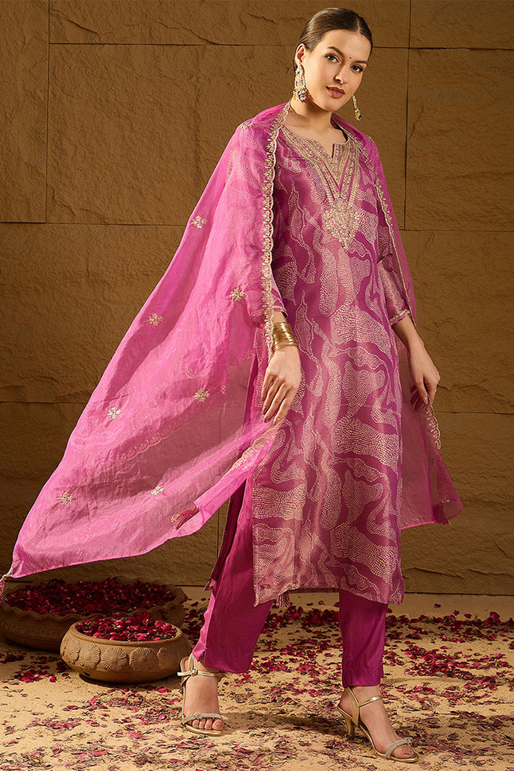 Purple Silk Blend Abstract Woven Design Straight Kurta Trousers With Dupatta | SHOBITAM