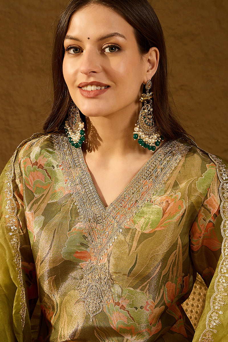 Green Silk Blend Floral Woven Design Straight Kurta Trousers With Dupatta | SHOBITAM