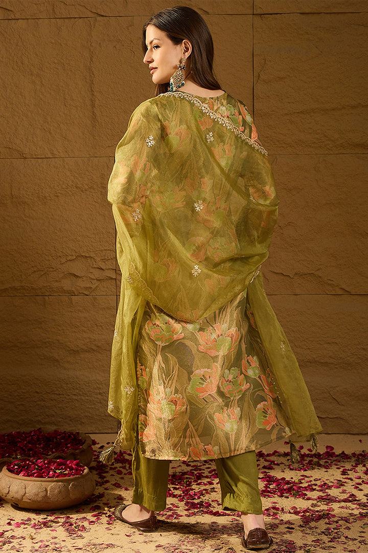 Green Silk Blend Floral Woven Design Straight Kurta Trousers With Dupatta | SHOBITAM