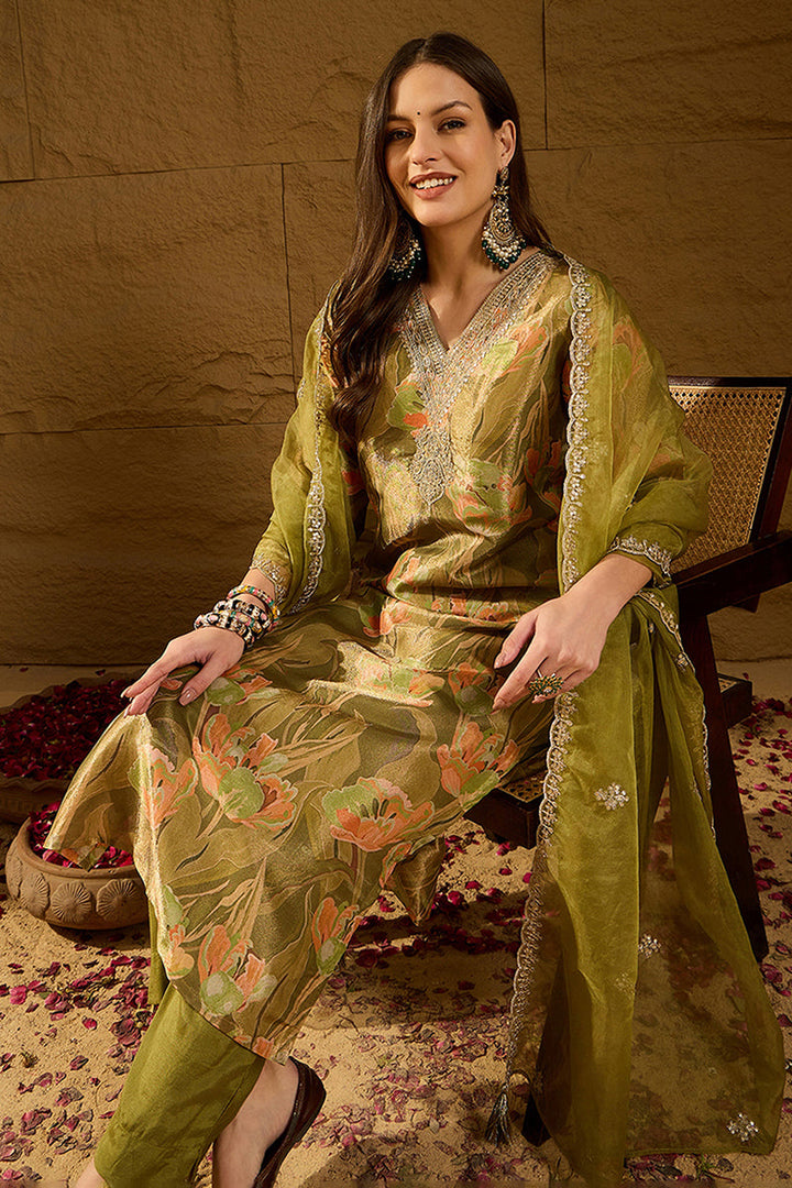 Green Silk Blend Floral Woven Design Straight Kurta Trousers With Dupatta | SHOBITAM