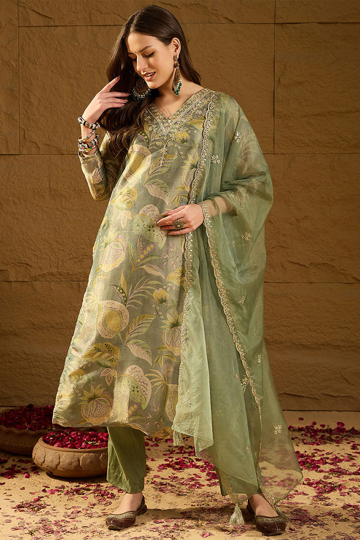 Green Silk Blend Floral Woven Design Straight Kurta Trousers With Dupatta | SHOBITAM