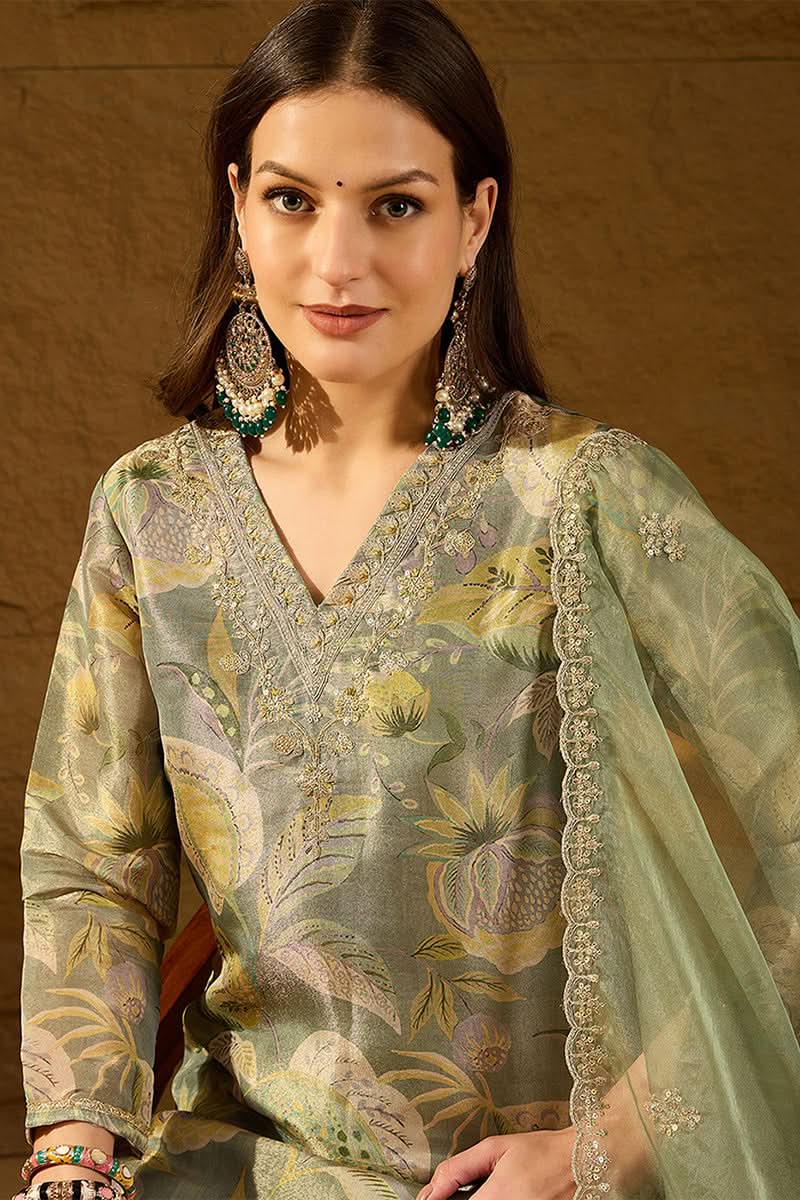 Green Silk Blend Floral Woven Design Straight Kurta Trousers With Dupatta | SHOBITAM