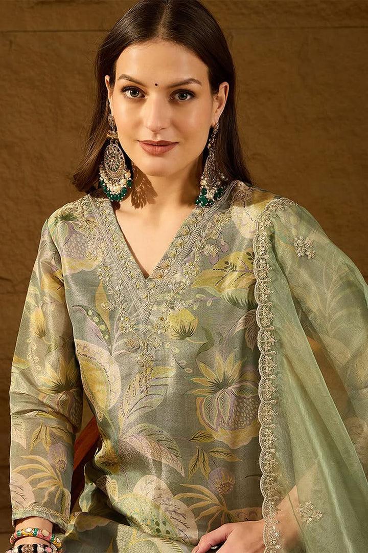 Green Silk Blend Floral Woven Design Straight Kurta Trousers With Dupatta | SHOBITAM