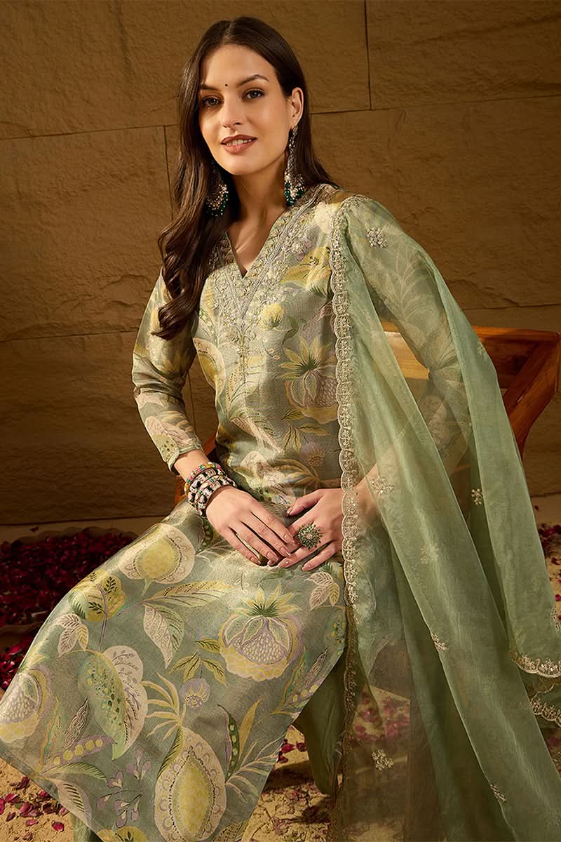 Green Silk Blend Floral Woven Design Straight Kurta Trousers With Dupatta | SHOBITAM