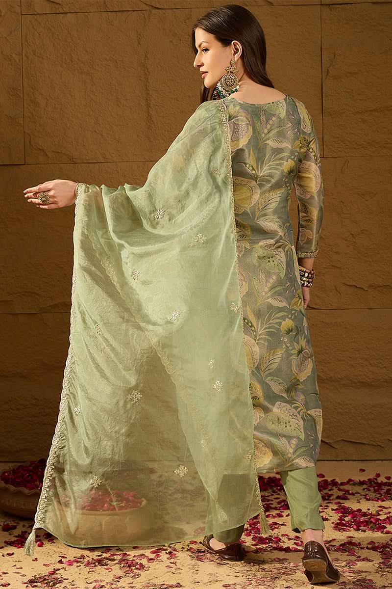 Green Silk Blend Floral Woven Design Straight Kurta Trousers With Dupatta | SHOBITAM