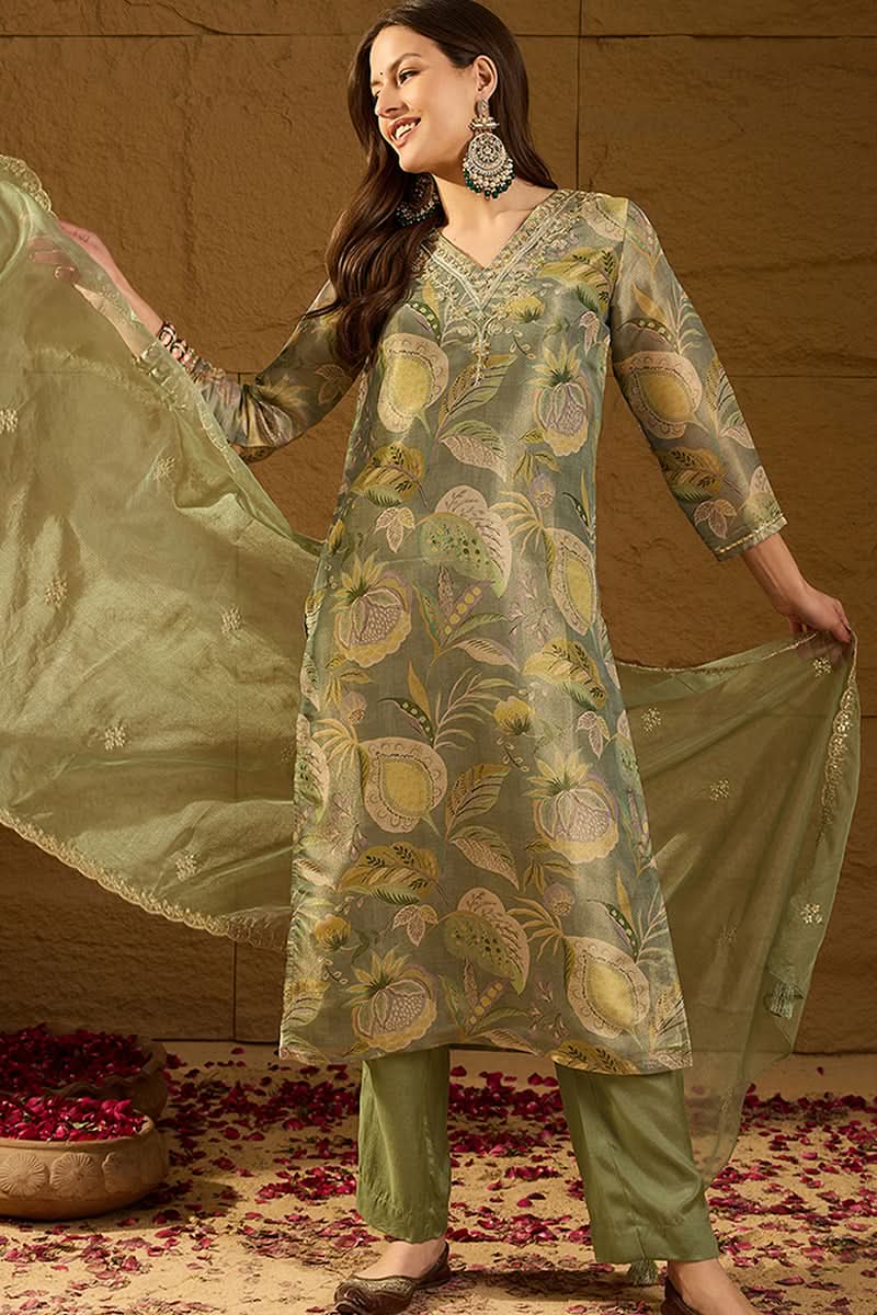 Green Silk Blend Floral Woven Design Straight Kurta Trousers With Dupatta | SHOBITAM