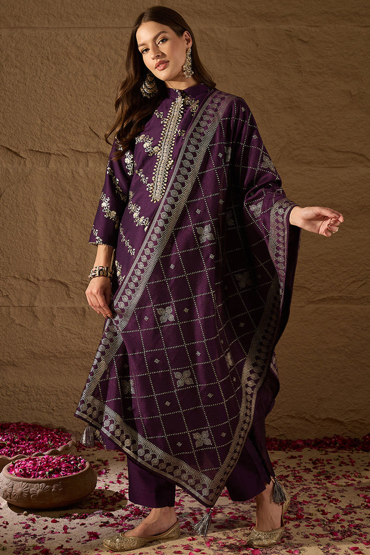 Purple Silk Blend Ethnic Motifs Printed Straight Kurta Sets | SHOBITAM