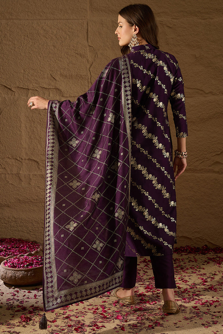 Purple Silk Blend Ethnic Motifs Printed Straight Kurta Sets | SHOBITAM