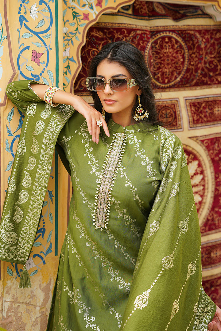 Olive Silk Blend Floral Printed Straight Kurta Trousers With Dupatta | SHOBITAM