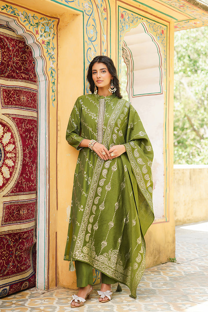 Olive Silk Blend Floral Printed Straight Kurta Trousers With Dupatta | SHOBITAM