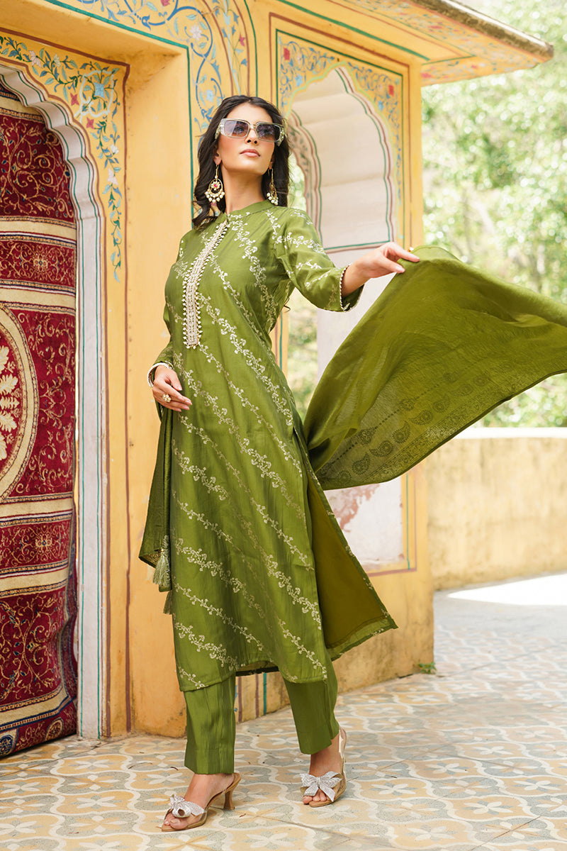 Olive Silk Blend Floral Printed Straight Kurta Trousers With Dupatta | SHOBITAM