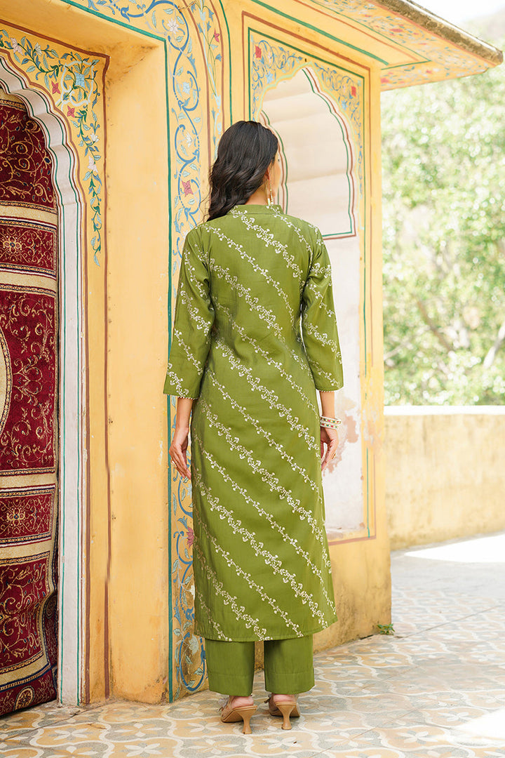Olive Silk Blend Floral Printed Straight Kurta Trousers With Dupatta | SHOBITAM