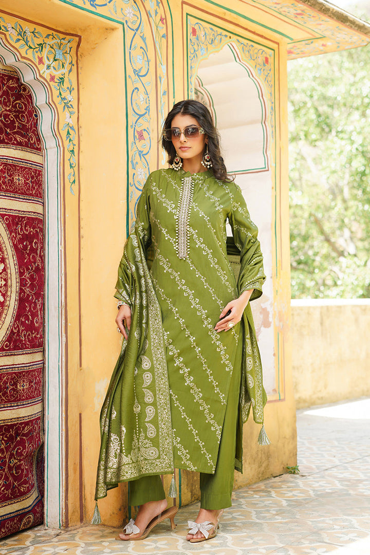 Olive Silk Blend Floral Printed Straight Kurta Trousers With Dupatta | SHOBITAM