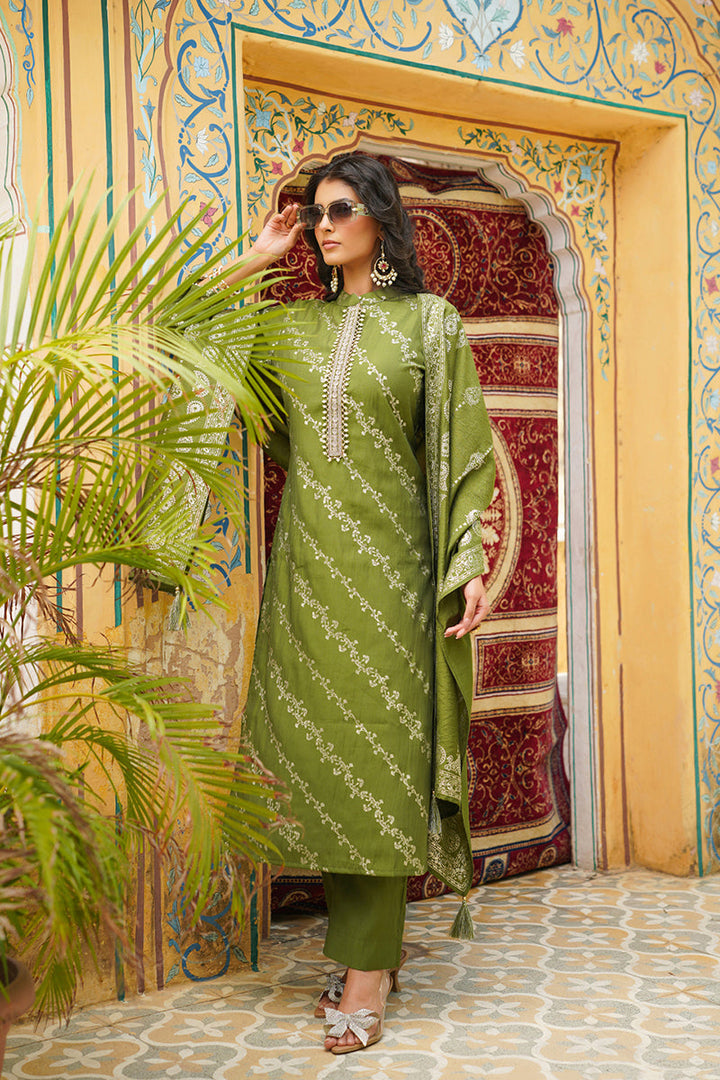 Olive Silk Blend Floral Printed Straight Kurta Trousers With Dupatta | SHOBITAM