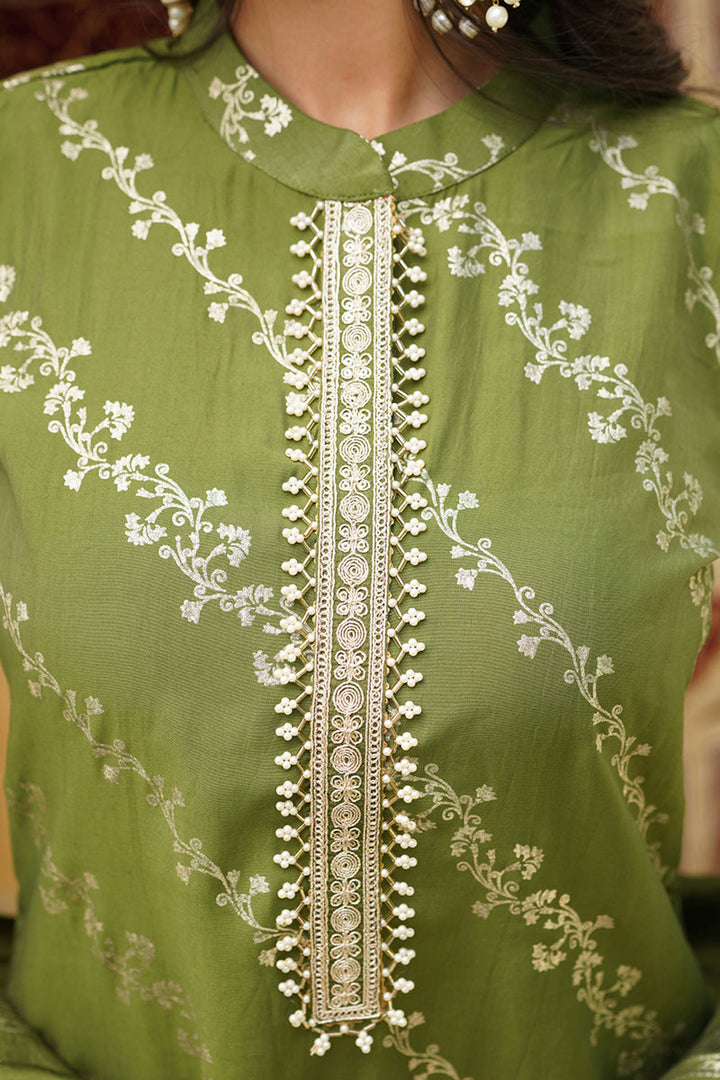 Olive Silk Blend Floral Printed Straight Kurta Trousers With Dupatta | SHOBITAM