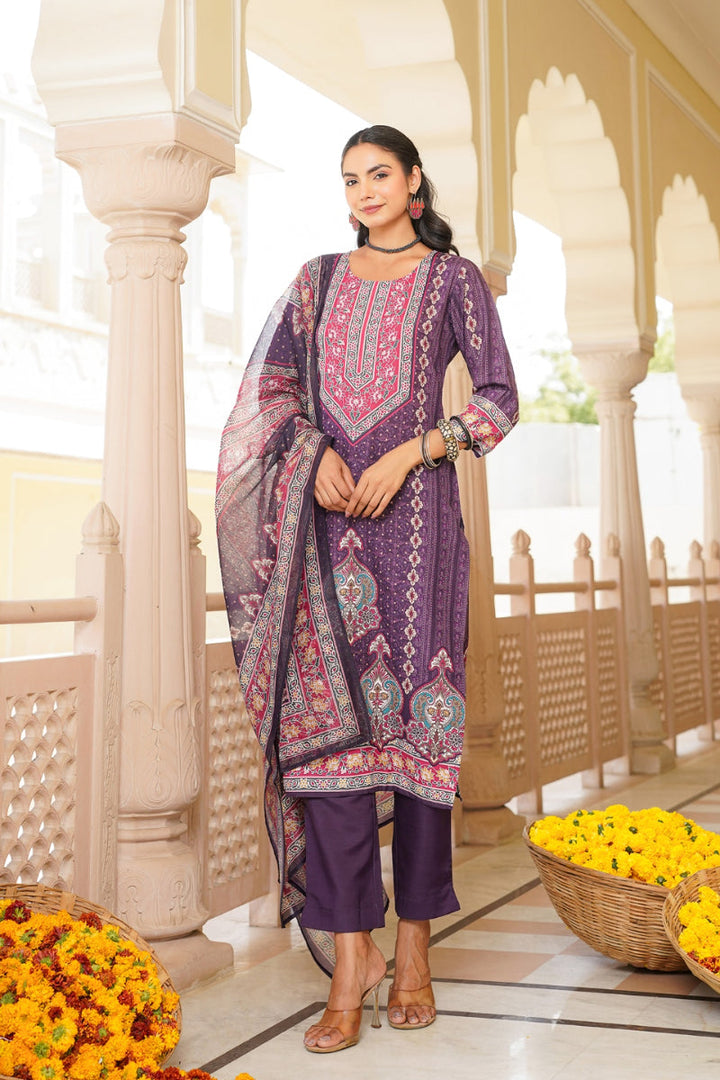 Purple Rayon Blend Ethnic Motifs Printed Straight Kurta Trouser With Dupatta | SHOBITAM