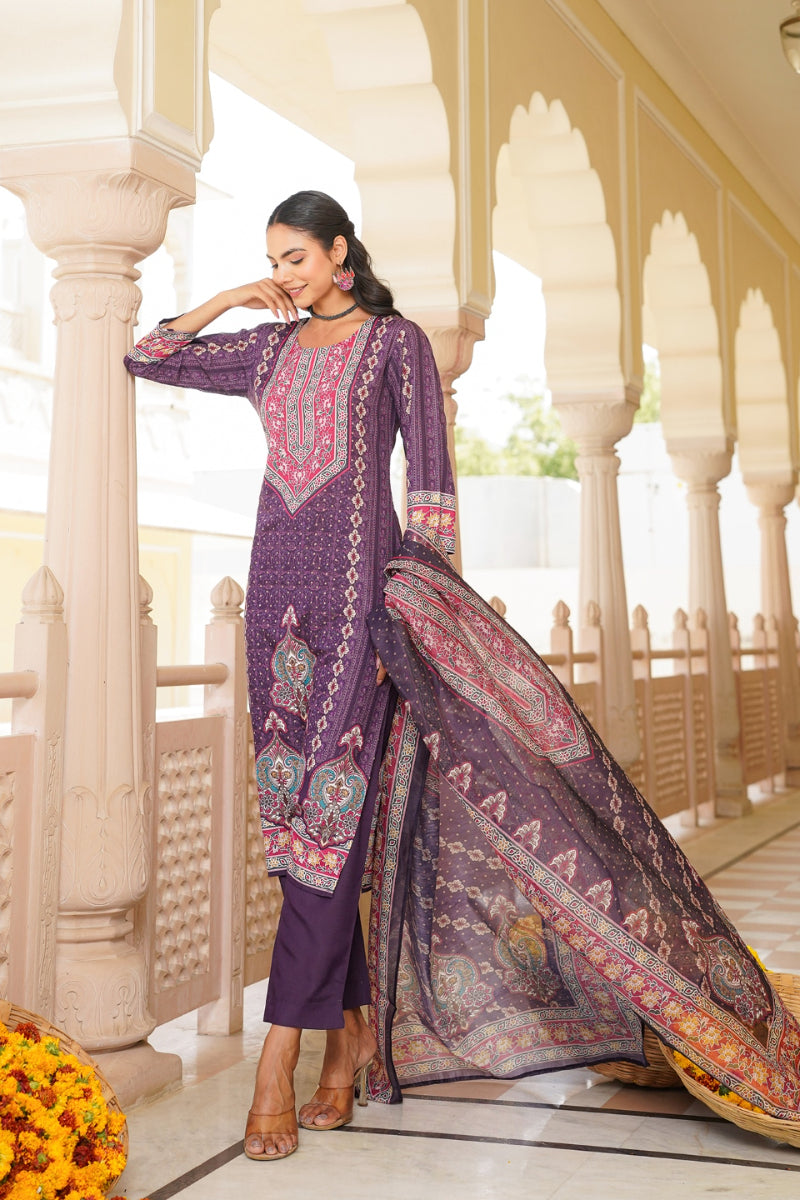 Purple Rayon Blend Ethnic Motifs Printed Straight Kurta Trouser With Dupatta | SHOBITAM