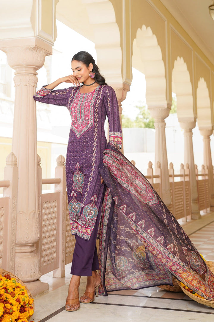 Purple Rayon Blend Ethnic Motifs Printed Straight Kurta Trouser With Dupatta | SHOBITAM
