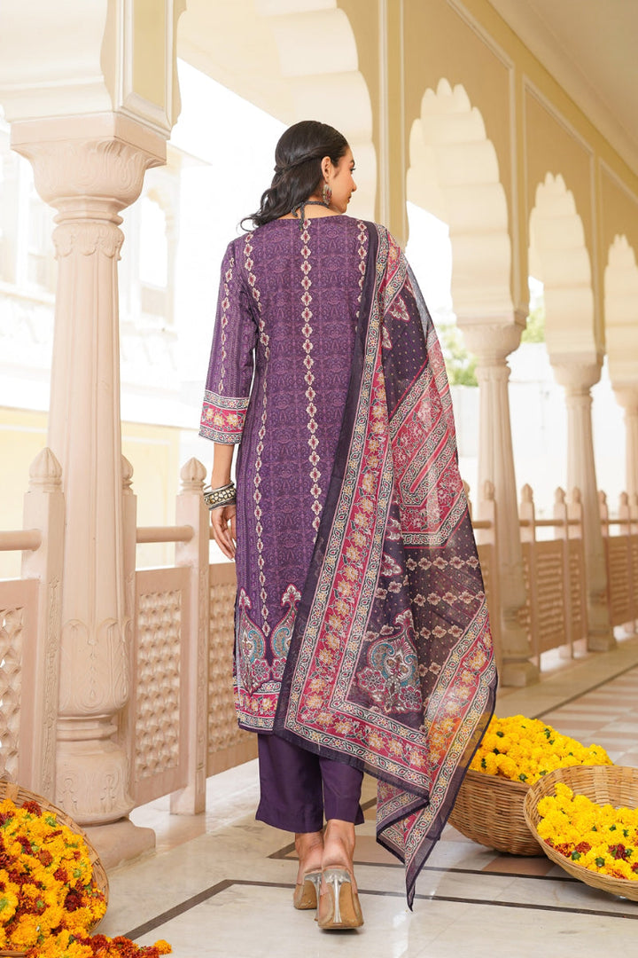Purple Rayon Blend Ethnic Motifs Printed Straight Kurta Trouser With Dupatta | SHOBITAM