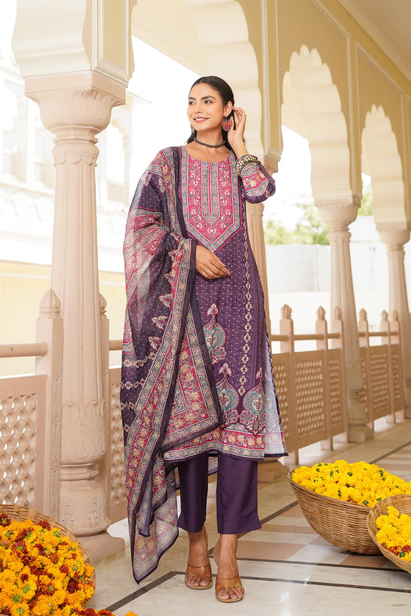 Purple Rayon Blend Ethnic Motifs Printed Straight Kurta Trouser With Dupatta | SHOBITAM