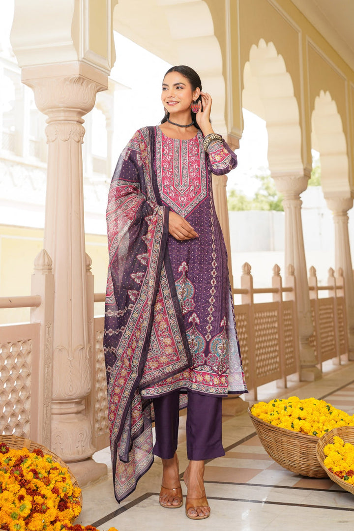 Purple Rayon Blend Ethnic Motifs Printed Straight Kurta Trouser With Dupatta | SHOBITAM