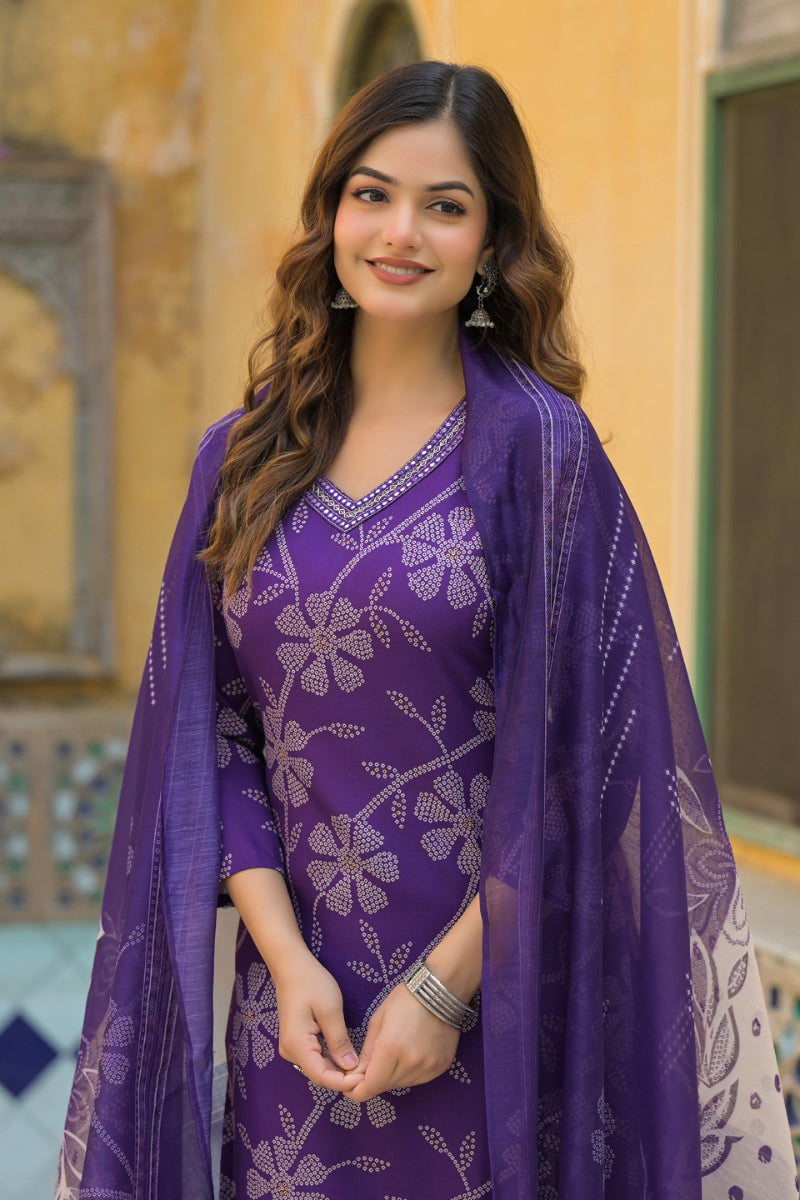 Purple Rayon Blend Bandhani Printed Straight Kurta Trouser With Dupatta | SHOBITAM